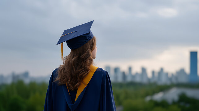 New beginning journey graduate cap gown stands ready enter workforce professional life cityscape