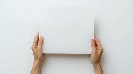 Fototapeta premium Hands Holding Up A Blank White Square Paper Sheet Against A White Surface