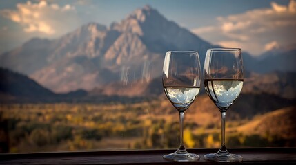 Obraz premium Mountain views and glasses of wine evoke relaxation.