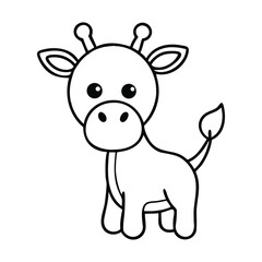 Adorable cartoon giraffe illustration in black and white line art, ideal for coloring books, kids' activities, and educational content.