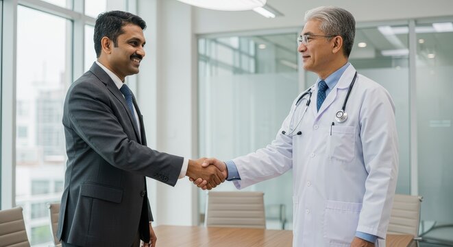 Doctor and Representative Partnership - A doctor and pharmaceutical representative shake hands, symbolizing collaboration, trust, healthcare, progress, and partnership in the medical field
