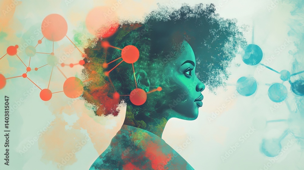 Poster profile of a woman with an artistic representation of science and technology elements highlighting i