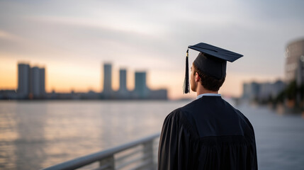 Fototapeta na wymiar Graduate back view overlooking city skyline towards future career hope