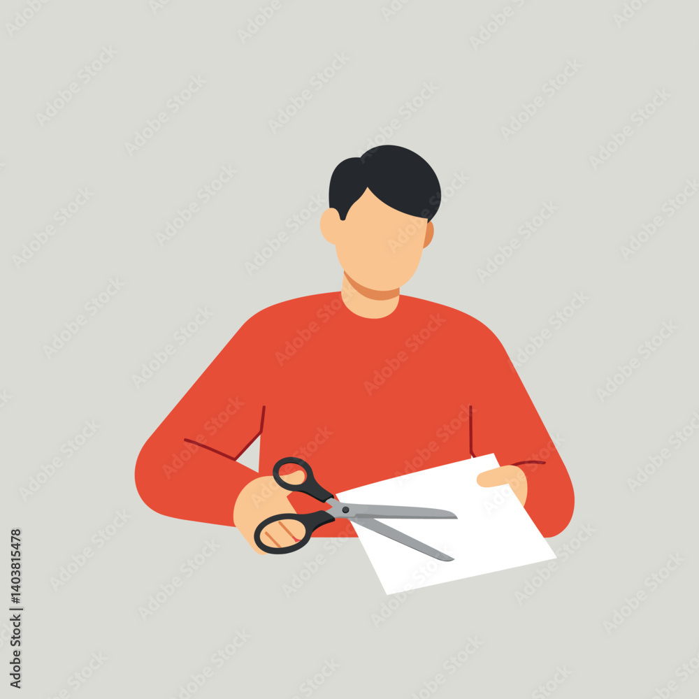 Poster person using scissors to cut paper in flat vector art style