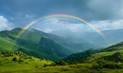 Fototapeta premium A vibrant rainbow arches over a lush green mountain range on a partly cloudy day in the countryside