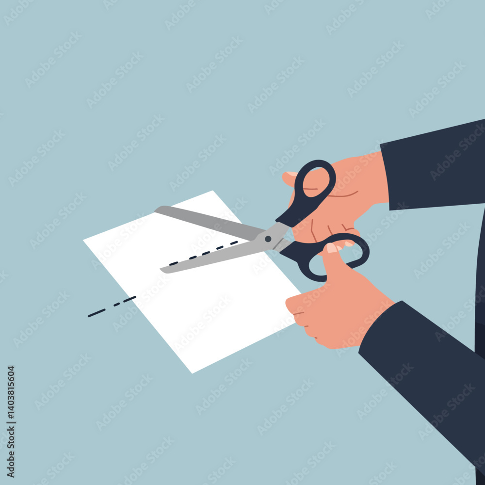 Aufkleber hand cutting paper with scissors in minimal flat design vector art