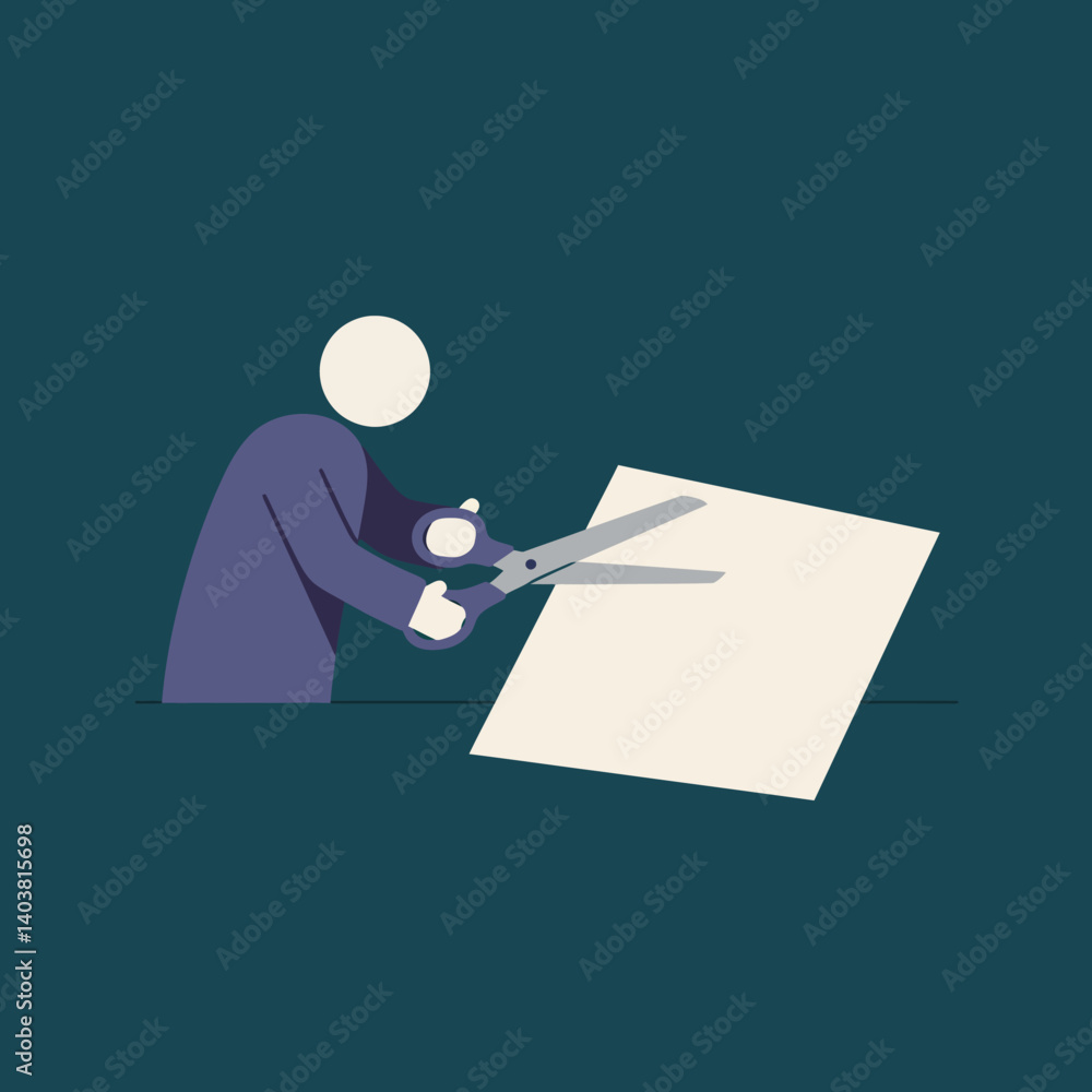 Poster person using scissors to cut paper in flat vector art style