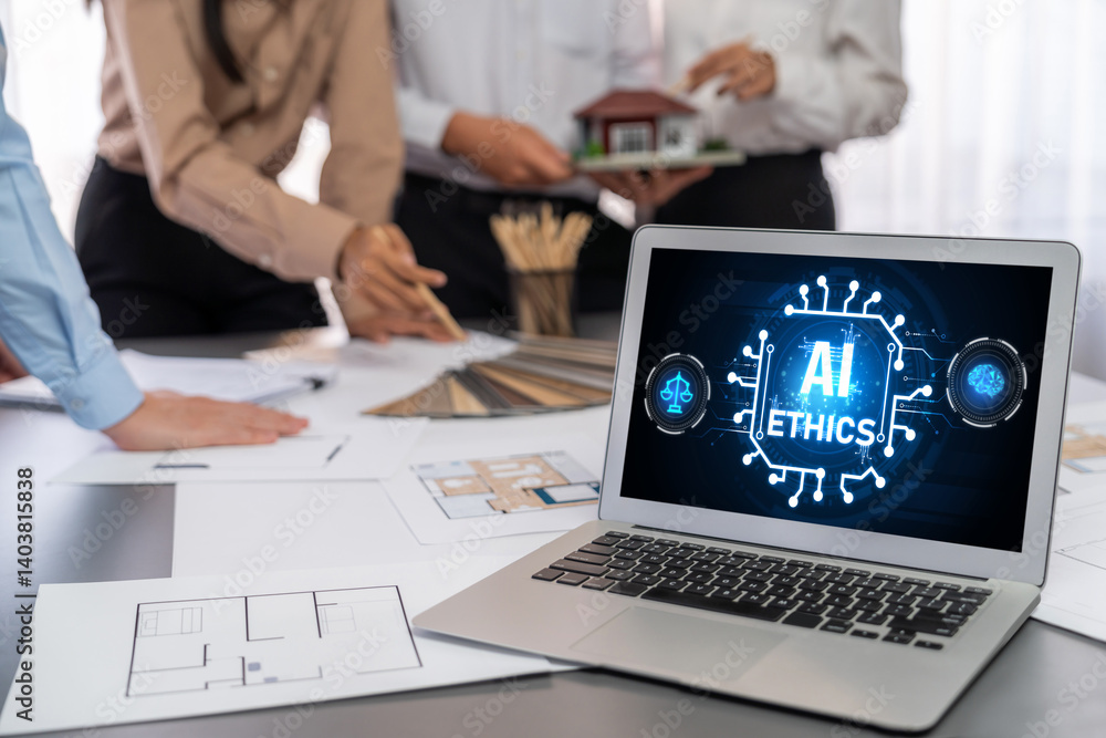 Poster ai ethics responsibility standard law and rules on computer screen provide report of ai ethic transp