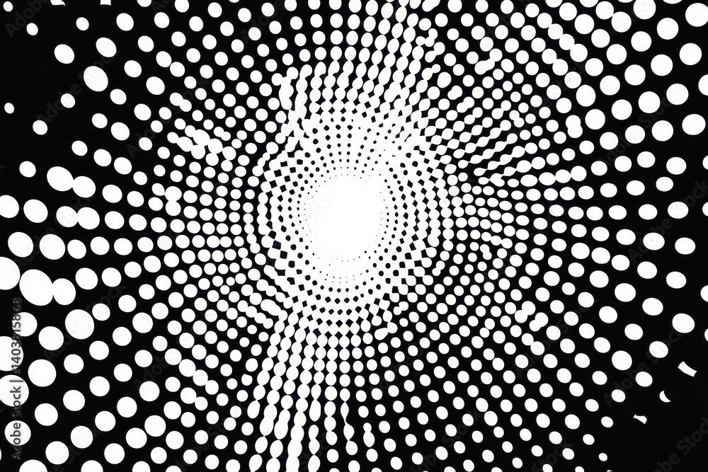 Poster abstract optical illusion background with swirling white dots on black creating a hypnotic vortex ef