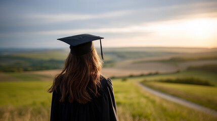 Students in caps gowns moving forward path success achievement concept symbol