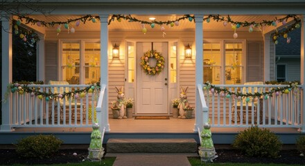 Naklejka premium Easter Porch Decor Night Scene - A charming home porch decorated for Easter at night, featuring lights, bunny decorations, and a wreath