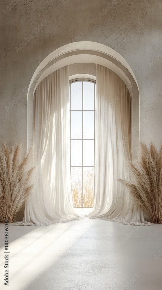 Poster sunlight streaming through sheer curtains in a minimalist room with natural decor showcases a serene