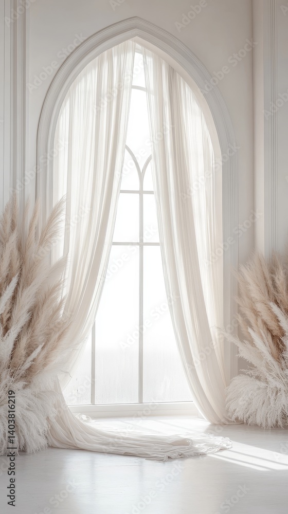 Poster sunlight streaming through sheer curtains in a minimalist room with natural decor showcases a serene