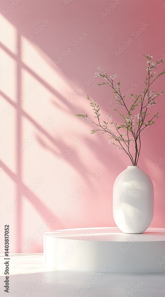 Poster circular display platform against soft pink wall with leaf shadows creating tranquil atmosphere in c