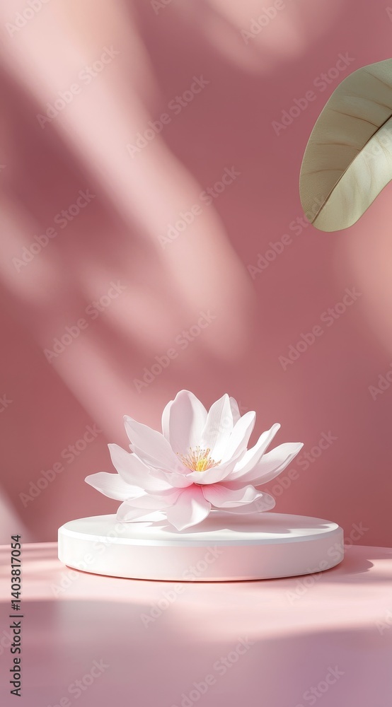 Poster circular display platform against soft pink wall with leaf shadows creating tranquil atmosphere in c