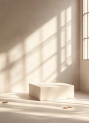 Fototapeta premium Minimalist Display of a White Rectangular Object in a Softly Lit Room With Natural Shadows and Delicate Floral Decor