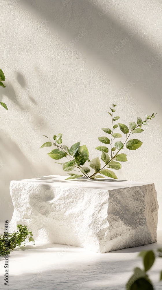 Poster serene display of greenery atop a textured stone surface in a sunlit space, showcasing natural eleme