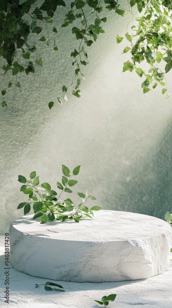 Poster serene display of greenery atop a textured stone surface in a sunlit space, showcasing natural eleme
