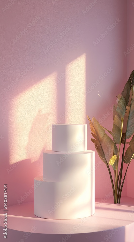 Poster circular display platform against soft pink wall with leaf shadows creating tranquil atmosphere in c
