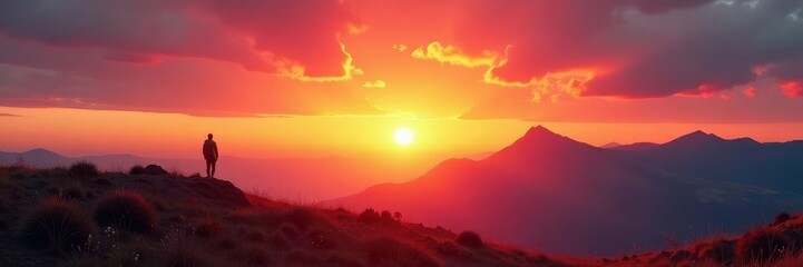 Obraz premium Sunset landscape with a lone mountain in the foreground, golden, horizon