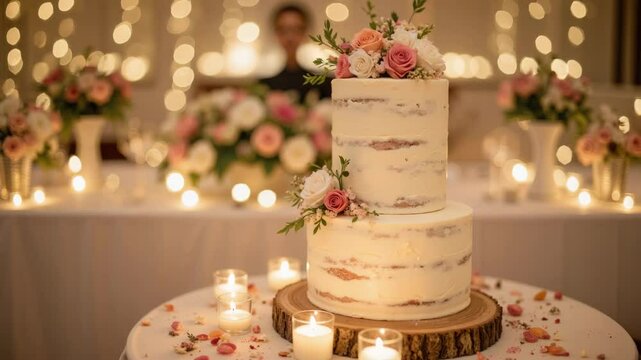 Elegant wedding cake adorned with flowers and candles  