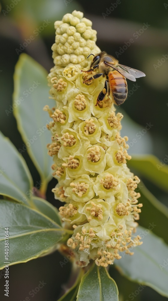 Poster honeybee collecting pollen from a yellow flower spike in a natural setting with blurred background a
