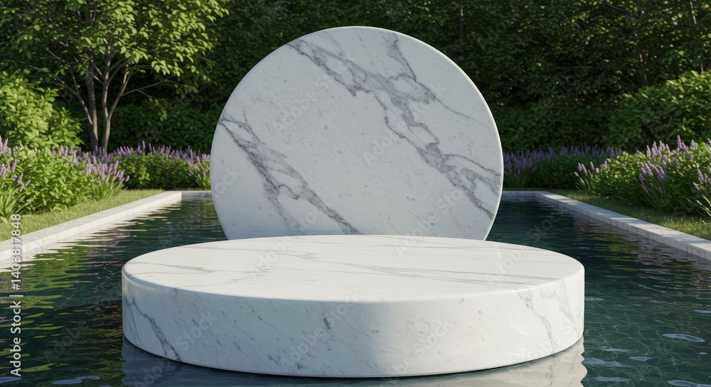 Poster elegant marble display platform by pool - two pristine white marble platforms elegantly situated by 
