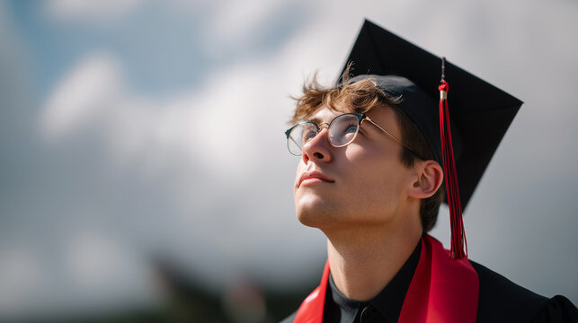 Young male graduate looking up hopeful towards future sky clouds