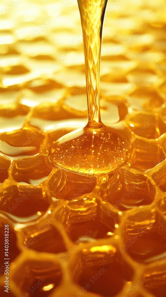 Poster golden honey flowing over honeycomb structure capturing sweetness and natural texture with warm ligh