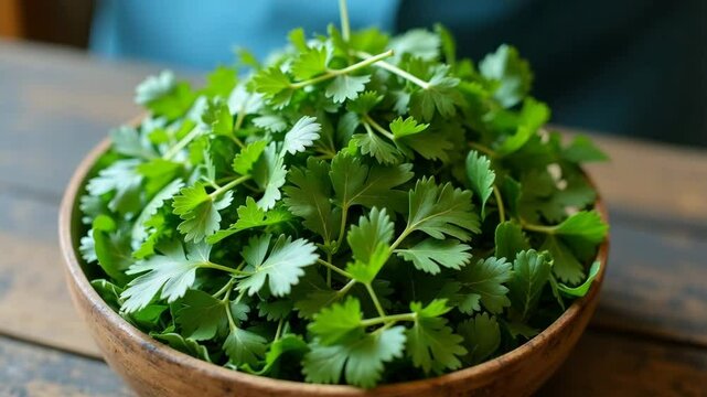 Fresh cilantro leaves in a wooden bowl on a rustic table  