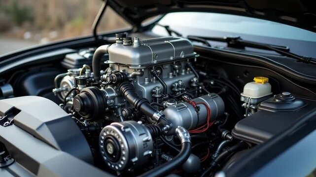 Car engine close-up showcasing intricate machinery details  