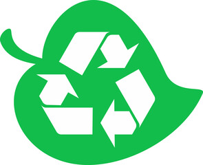 Vector illustration of a white recycling symbol placed on a light green leaf, symbolizing an ecological concept.