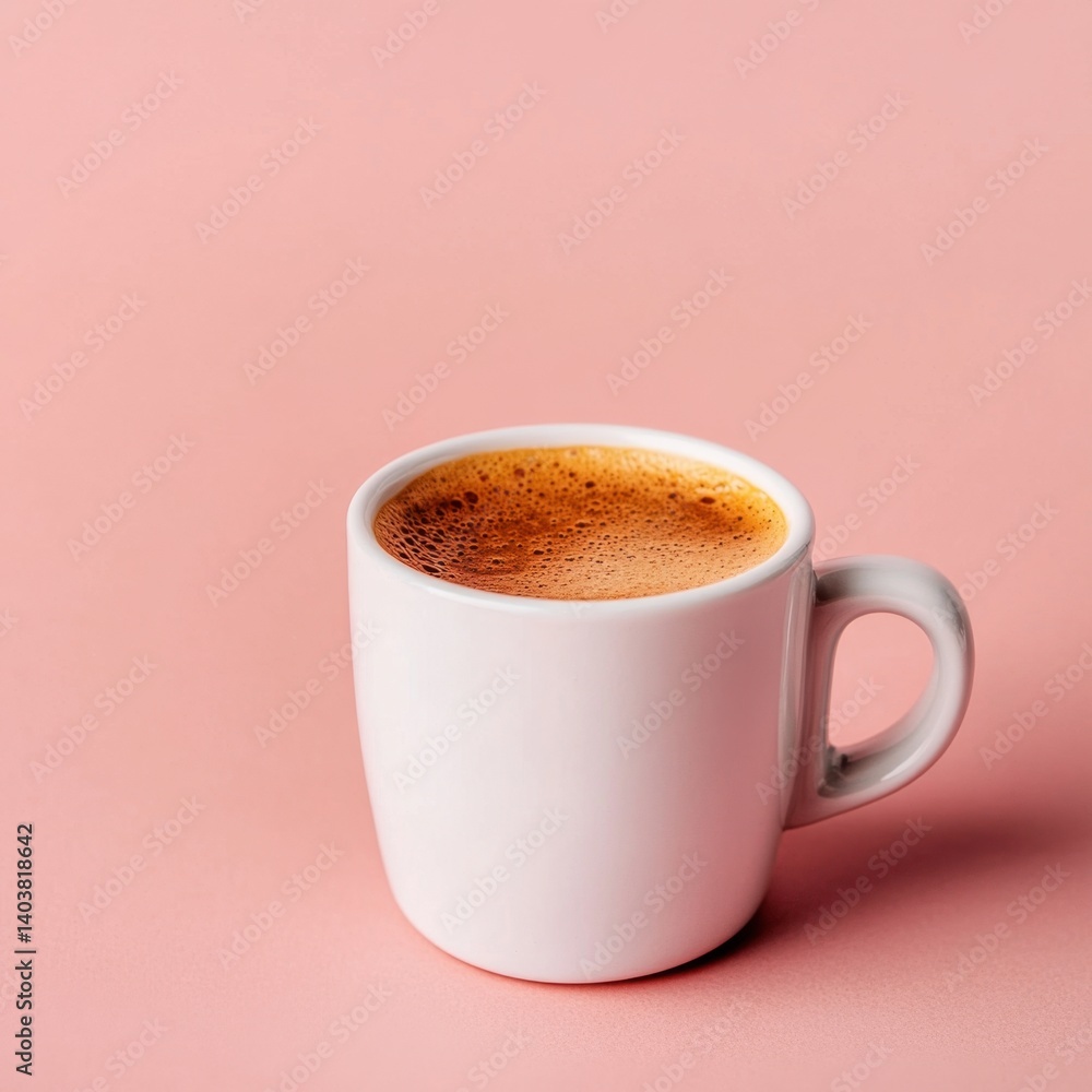 Poster aromatic espresso in a white cup against a soft pink background creating a minimalist and modern aes