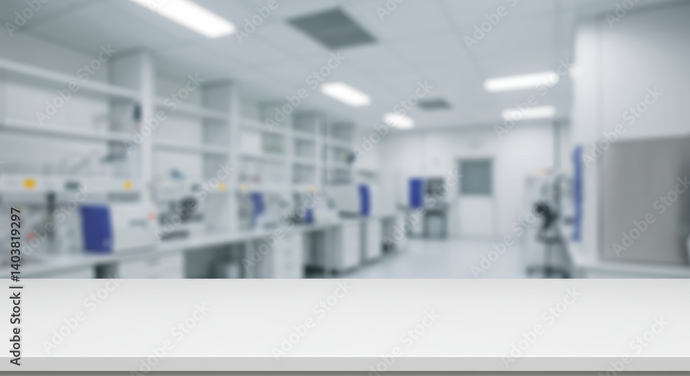 Poster empty lab table for product display - modern laboratory setting, clean white table, blurred backgrou