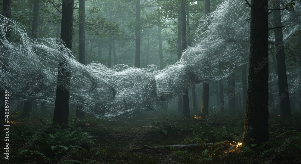 Poster enchanting forest web - a mystical, ethereal web stretches through a misty forest, creating a magica