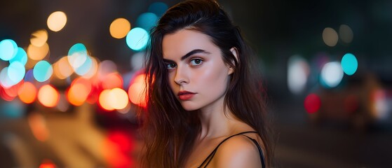 Woman portrait with long dark hair against a blurred city lights background.