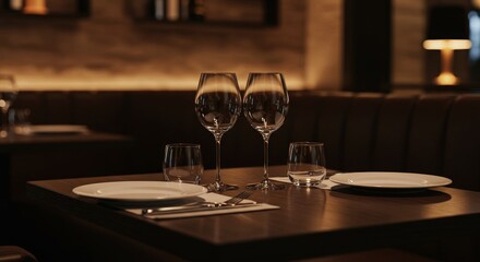 Evening Ambiance: Wine Glasses and Plates on a Table - Intimate dining, romantic setting, cozy restaurant, elegant tableware, delicious meal. Symbolize: romance, luxury, relaxation, togetherness