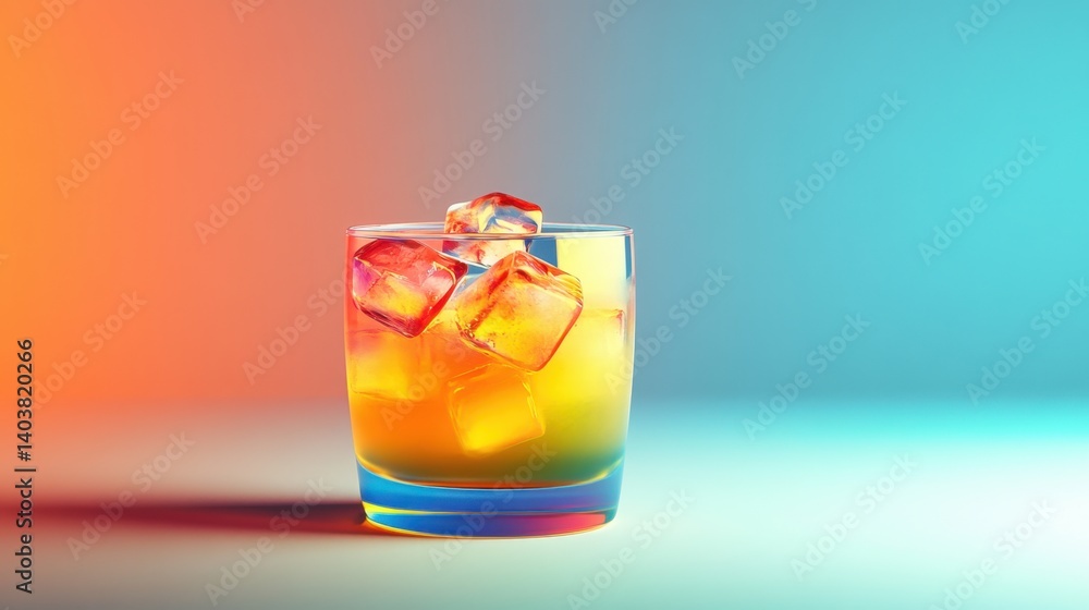 Poster refreshing cocktail with vibrant colors and ice cubes against a gradient background in a studio sett