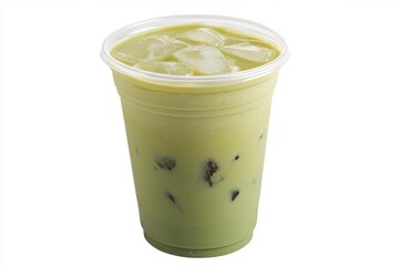 Refreshing iced matcha latte in clear plastic cup with ice cubes against a clean white background studio shot for stock photography