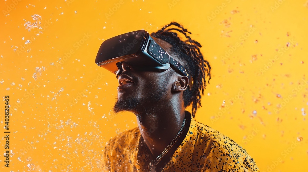 Poster man experiencing virtual reality vr headset technology simulation on yellow background studio shot