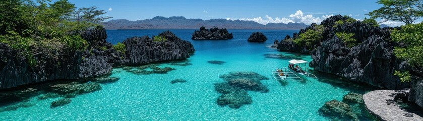 Fototapeta premium A beautiful tropical lagoon with clear turquoise water and boats