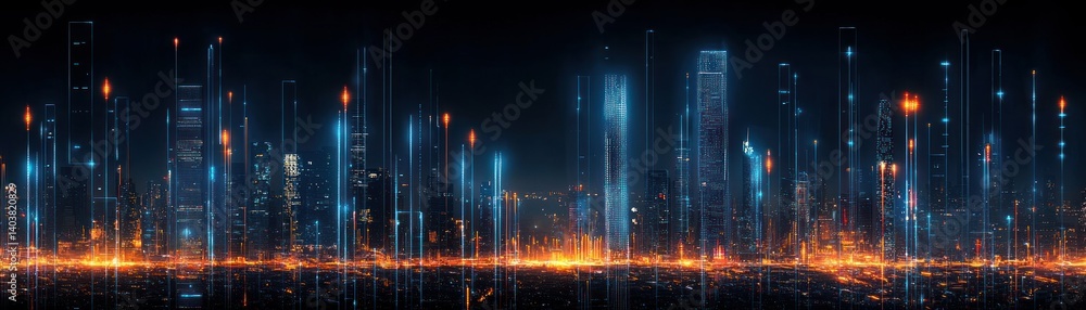 Poster futuristic digital cityscape shows a network of interconnected data streams