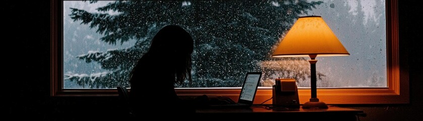 A person works on a laptop beside a window during snowfall