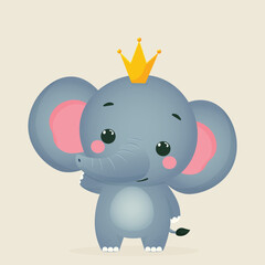 Cute Elephant Wearing Crown Flat Vector Illustration Isolated.