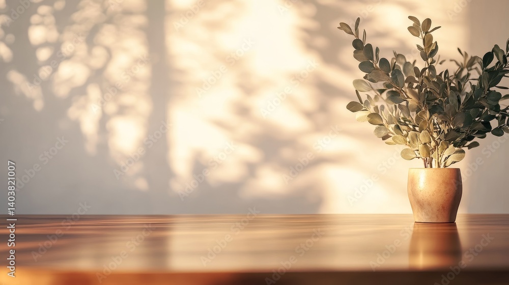 Poster soft afternoon light casts delicate shadows on a wooden table featuring a simple vase with greenery 