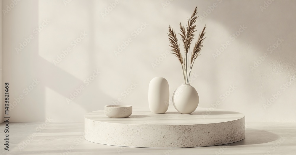 Poster elegant round white marble platter displayed on a simple surface with soft lighting, showcasing its 