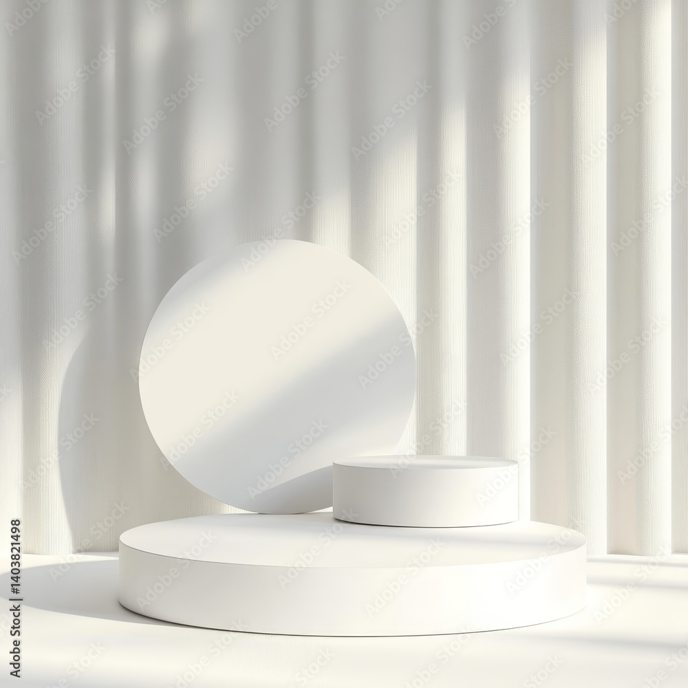 Poster white geometric shapes arranged on a minimalistic surface with soft shadows creating an elegant play