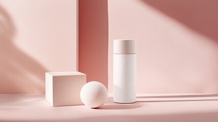 Cosmetic Products Elegantly Displayed on a Soft Pink Backdrop With Gentle Lighting, Creating an Inviting Atmosphere for Beauty Enthusiasts