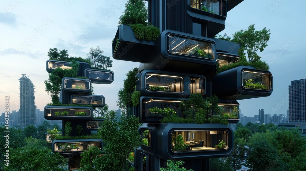 Poster modern high rise architecture with built in greenery and apartment windows