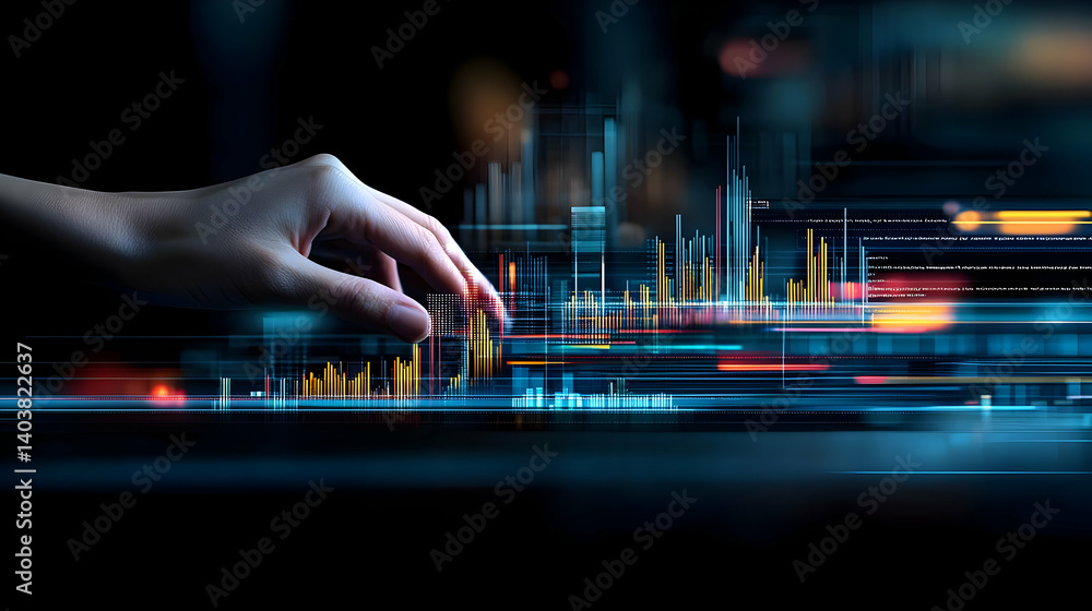 Poster hand interacting with digital data interface